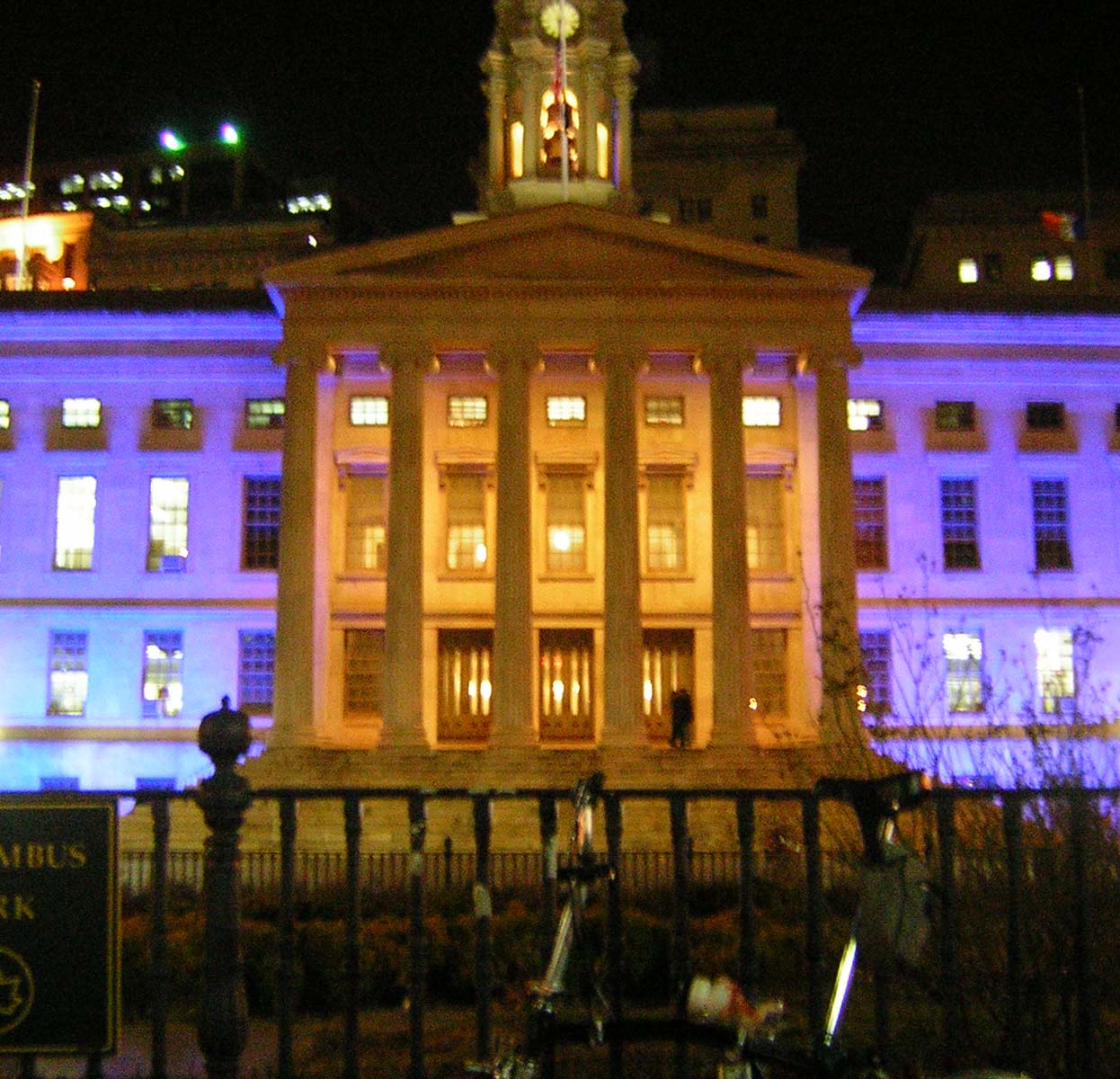 North (main) portico of en:Brooklyn Boro Hall at night and with no tripod on my dinky little Coolpix