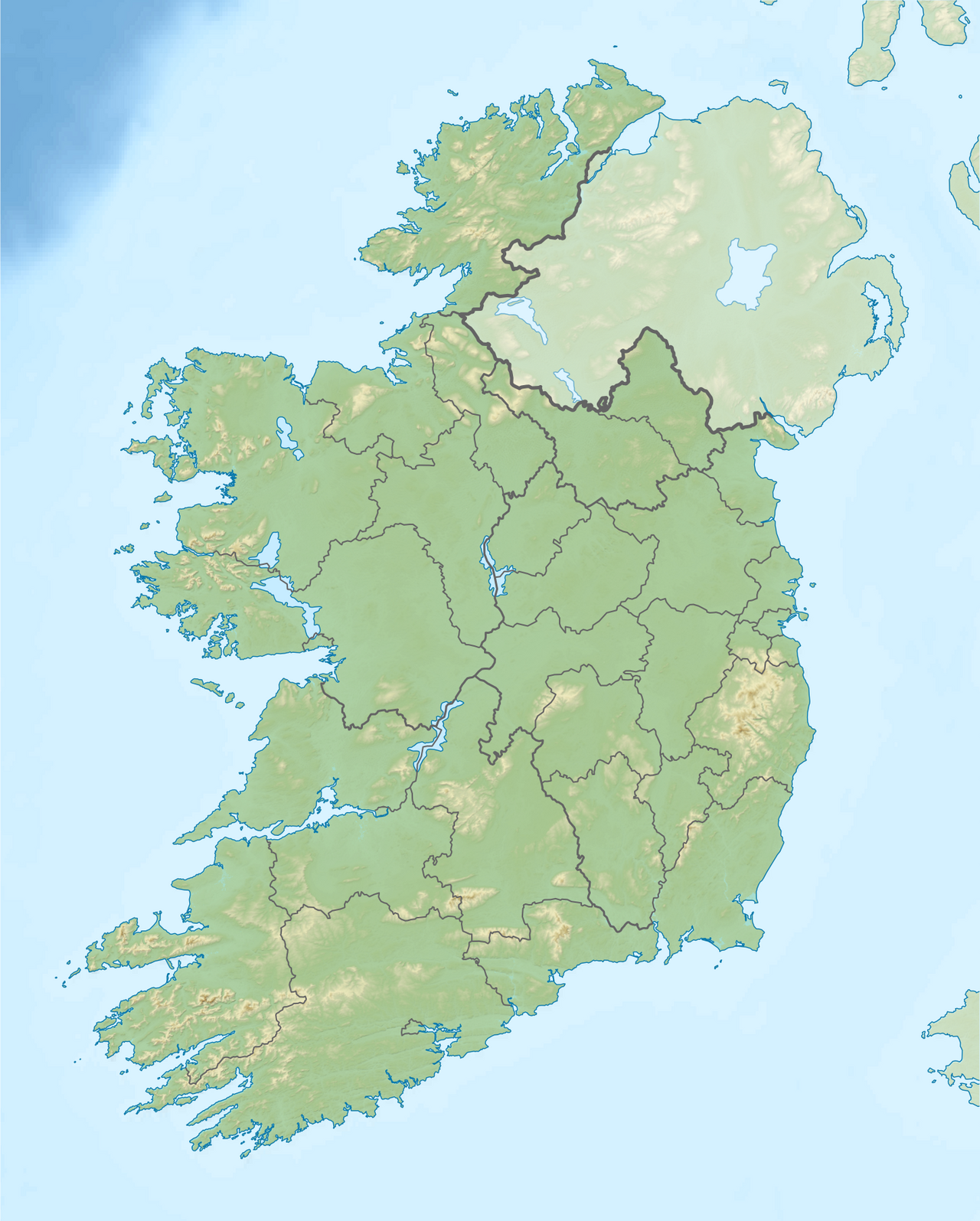 Relief location map of Ireland
Equirectangular map projection on WGS 84 datum, with N/S stretched 170%
Geographic limits:

West: 11.0° W
East: 5.0° W
North: 55.6° N
South: 51.2° N