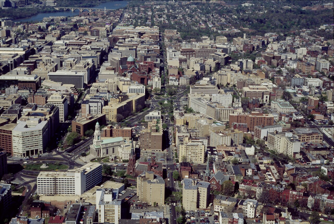 Title: Aerial view of Dupont Circle in Washington, D.C
Physical description: 1 transparency : color ; 4 x 5 in. or smaller

Notes: Digital image produced by Carol M. Highsmith to represent her original film transparency; some details may differ between the film and the digital images.; Forms part of the Selects Series in the Carol M. Highsmith Archive.; Gift and purchase; Carol M. Highsmith; 2011; (DLC/PP-2011:124).; Photograph taken in the 1980s.; Title, date, subject note, and keywords provided by the photographer.; Credit line: Photographs in the Carol M. Highsmith Archive, Library of Congress, Prints and Photographs Division.