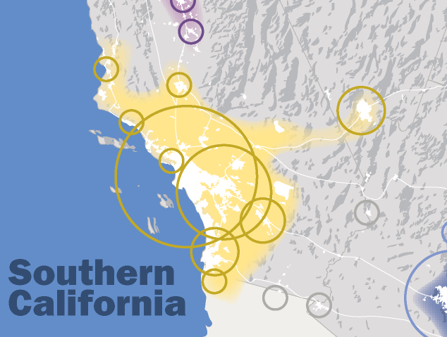 This map, created by the Regional Plan Association, illustrates the Southern California megaregion