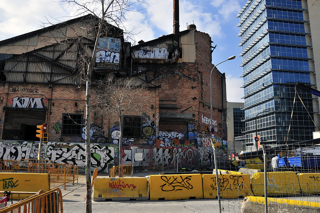 View of Carrer de Pallars (Poblenou, Barcelona) with underground infrastructure being completely renovated.