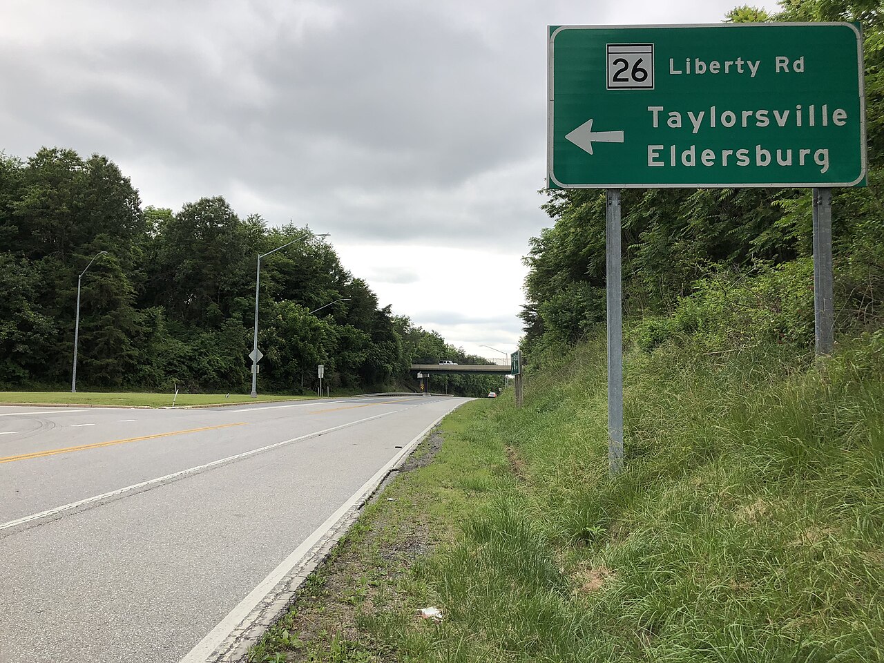 View north along Maryland State Route 97 (New Washington Road) at the exit for Maryland State Route 26 (Taylorsville, Eldersburg) in Eldersburg, Carroll County, Maryland