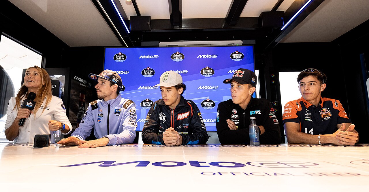 Several riders participated in an event held at Estrella Galicia pavilion during the 2025 Dutch TT. From left-to-right, the riders are Álex Márquez, Ángel Piqueras, Diogo Moreira, and José Antonio Rueda.