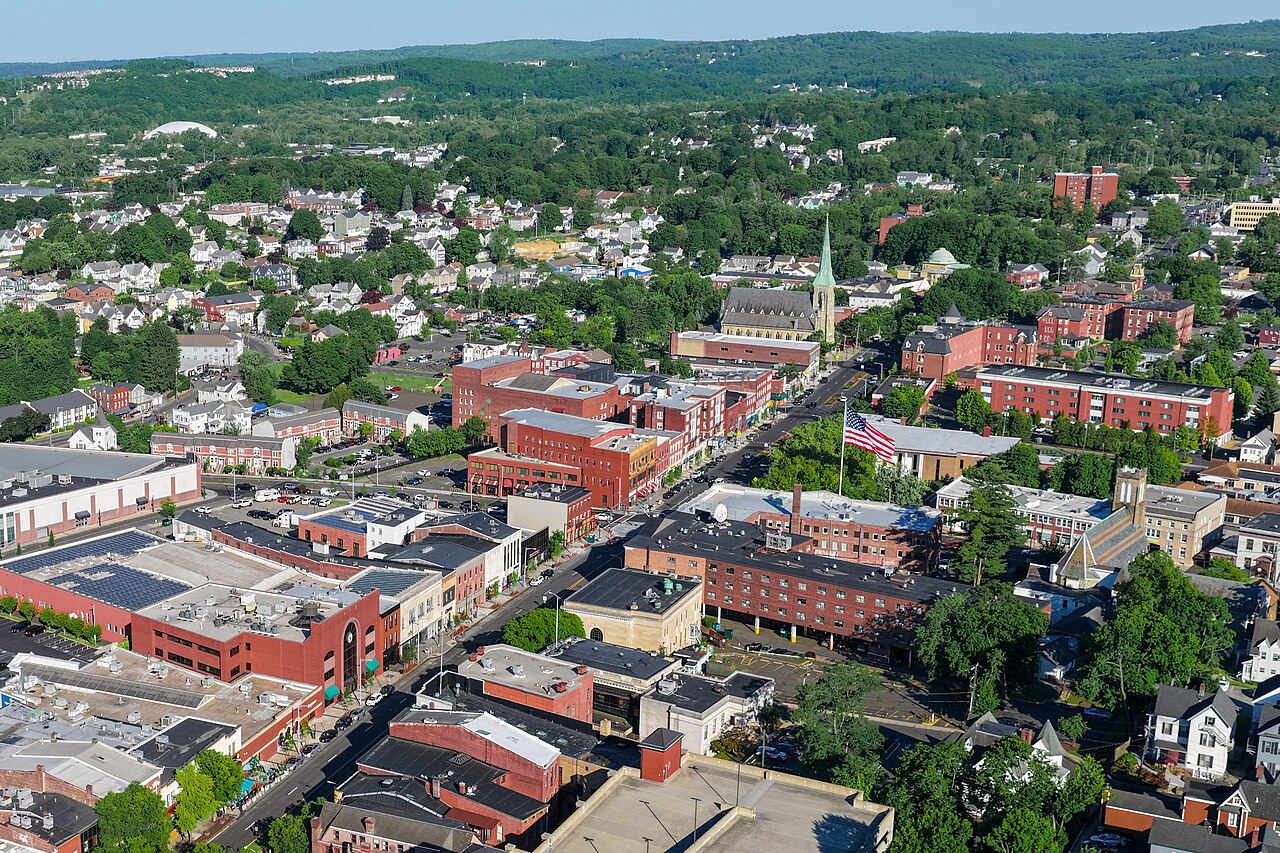 Aerial view of downtown Danbury, Connecticut, a city of 86,518 residents once known as “Hat City” for its hatmaking industry and today serving as a regional center for healthcare, education, retail and manufacturing.