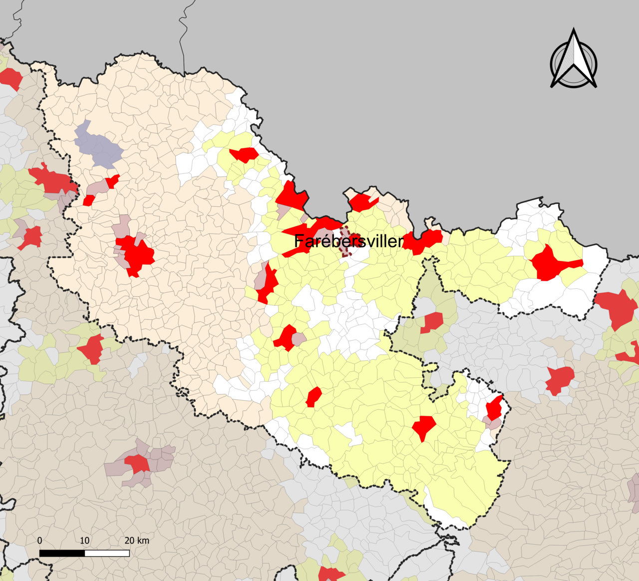 Carte des aires d'attraction des villes 2020 dans le département de la Moselle (France). Mise en exergue de l'aire d'attraction de Farébersviller. Découpage communal au 1er janvier 2020.