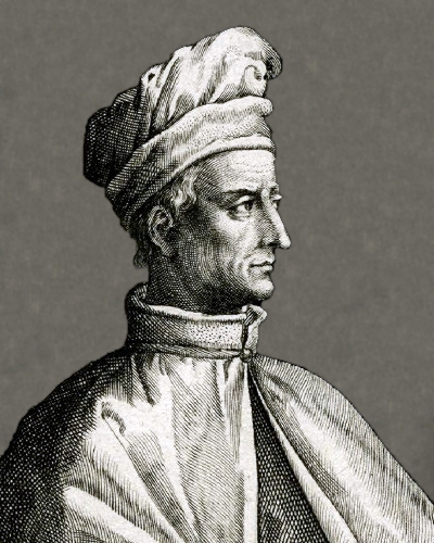 Portrait of Florentine explorer Amerigo Vespucci in a turban.  Print by Crispijn van de Passe the Elder.