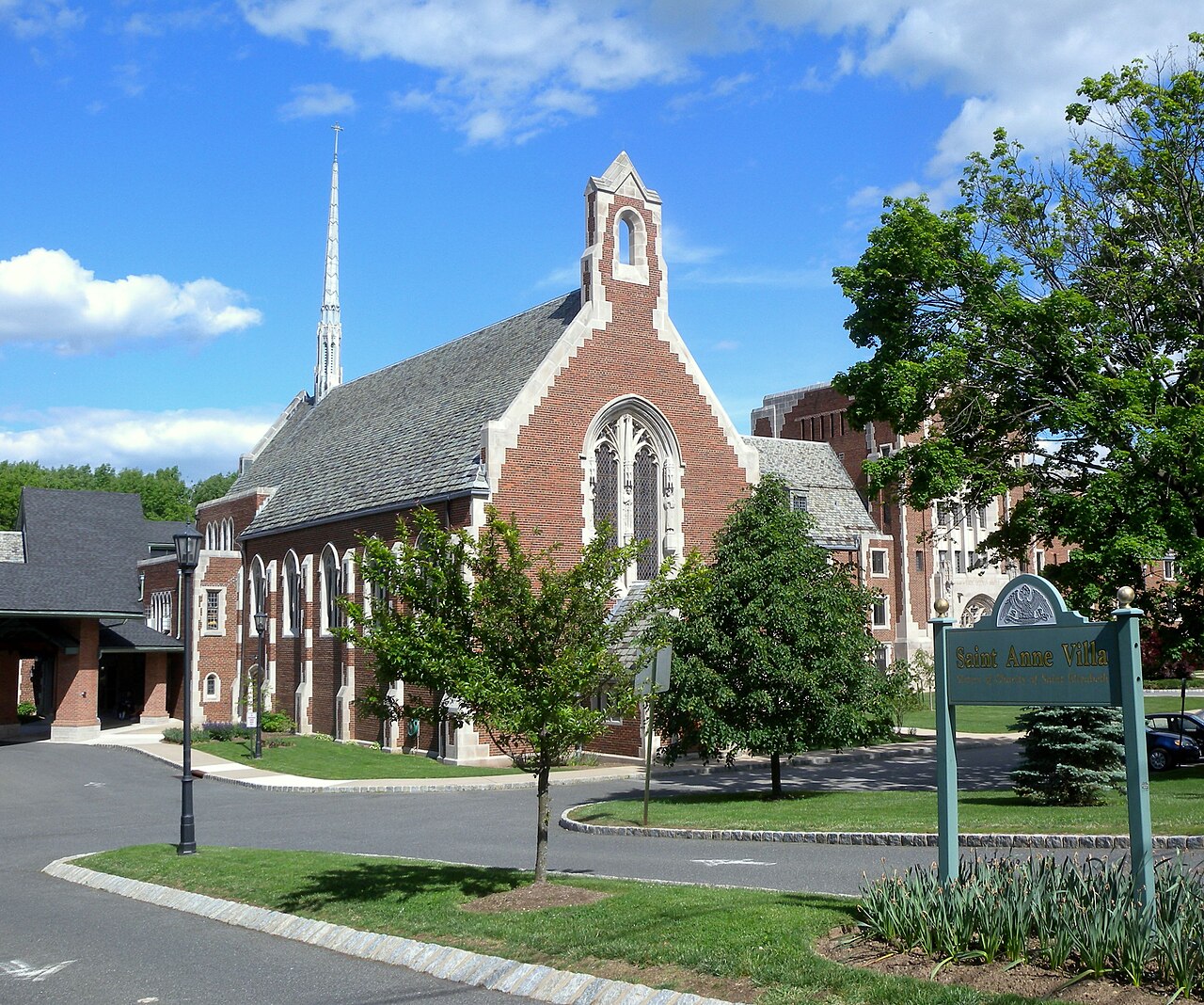 Looking east at the convent's retirement home on a partly cloudy afternoon.