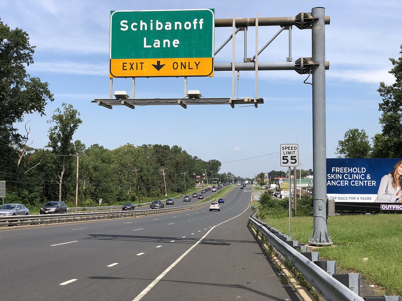 View north along U.S. Route 9 at the exit for Schibanoff Lane in Freehold Township, Monmouth County, New Jersey