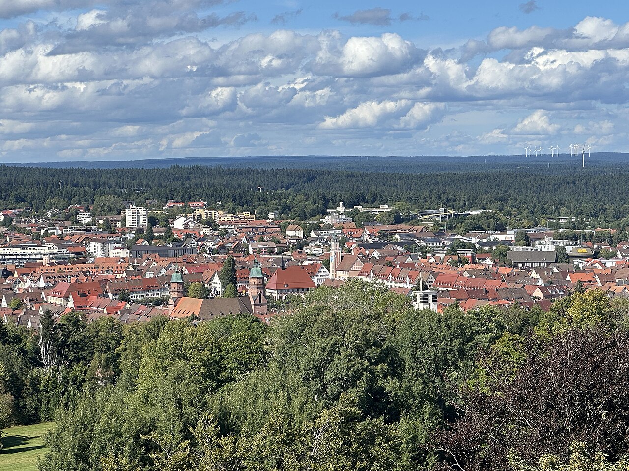 Freudenstadt im Schwarzwald. Blick vom etwas außerhalb gelegenen Friedrichsturm. Zu sehen sind die Türme der Kirche am Marktplatz sowie der Turm des Rathauses