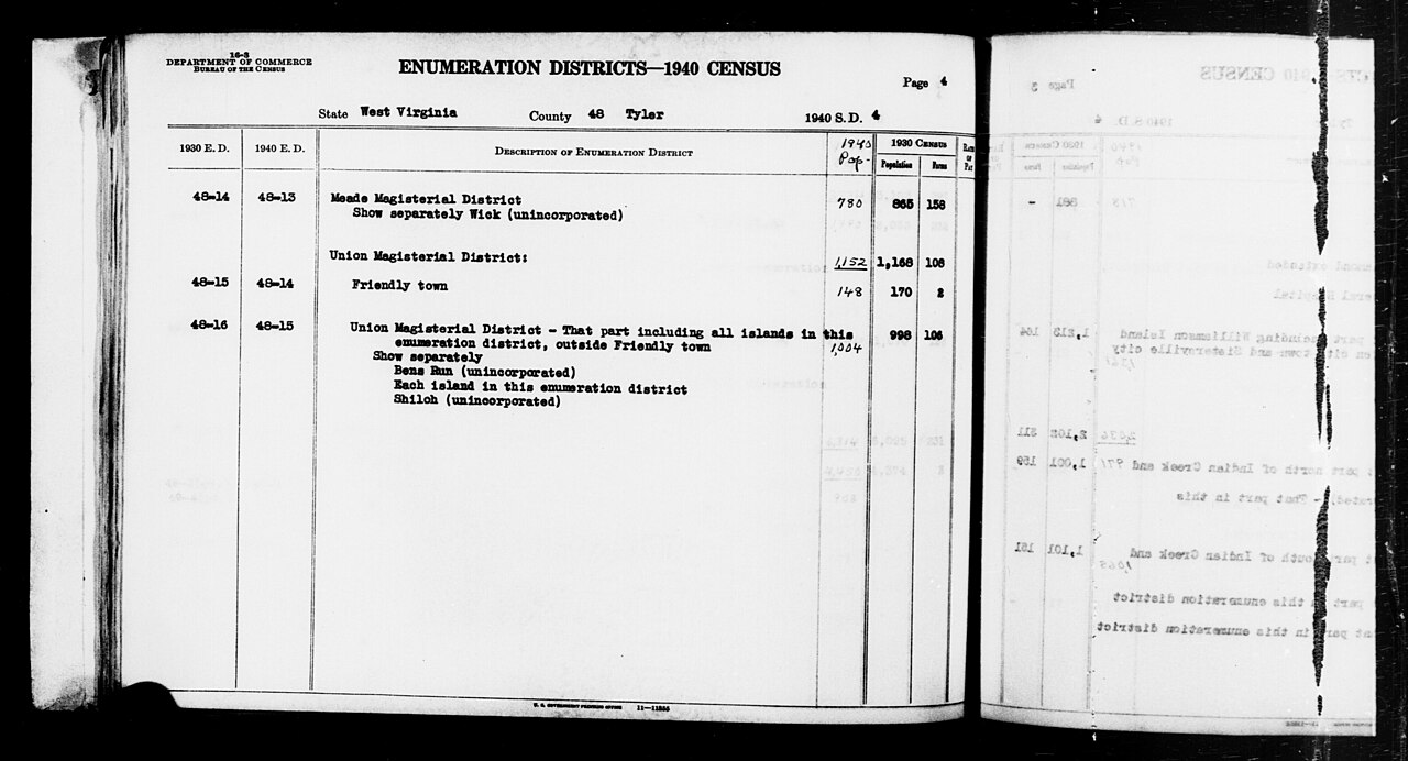 Scope and content:  This item lists Enumeration Districts for:
WV ED 48-13: MEADE MAGISTERIAL DISTRICT, WICK.
WV ED 48-14: UNION MAGISTERIAL DISTRICT, FRIENDLY TOWN.

WV ED 48-15: UNION MAGISTERIAL DISTRICT OUTSIDE FRIENDLY TOWN, BENS RUN, SHILOH, ISLANDS.
