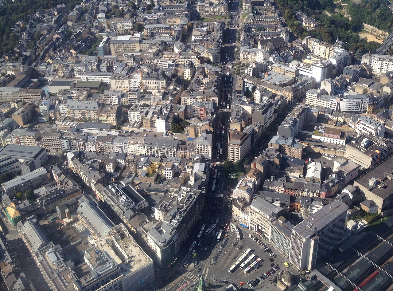 Aerial view of the neighbourhood around the main train station (Garer Quartier) in Luxembourg City in September 2014.