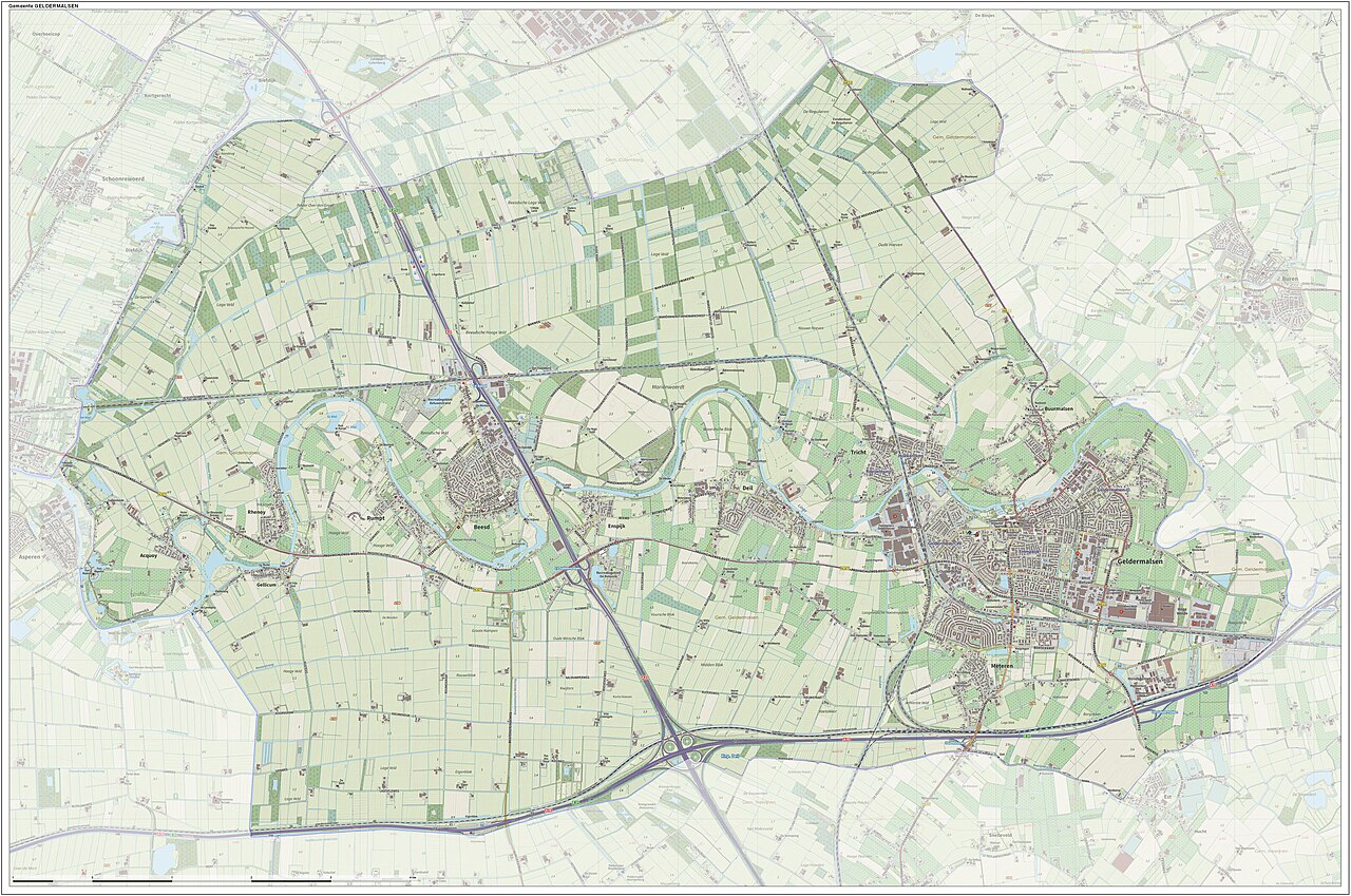 Topografische gemeentekaart. Resolutie: 400 pixels/km.
Kaartbeeld samengesteld uit de open geodata van de Top10NL en Top25namen (Kadaster), Creative Commons-BY licentie. Gebouwvlakken uit open geodata BAG extract. Wegen uit de OpenStreetMap, OpenStreetMap community. Reliëfschaduw uit de Actuele Hoogtekaart AHN2.

Samenstelling en kleurenschema: Jan-Willem van Aalst, met QGIS. Zie ook de Legenda.