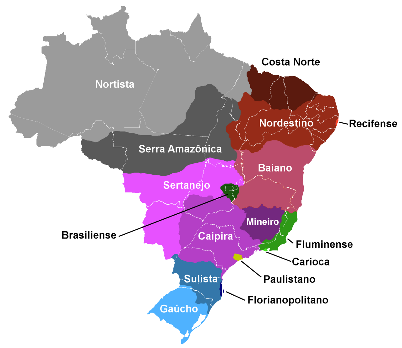 Map of the dialects of the Portuguese language in Brazil