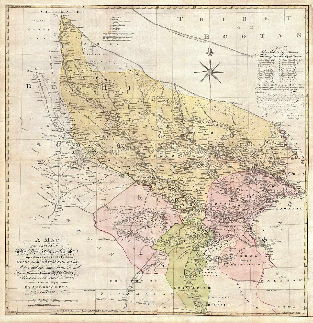 An altogether spectacular wall sized map of those parts of India near Delhi, Agra and Varanasi.  Covers from Delhi in the northwest as far east along the Ganges River as Bihar and as far south as Sohagepour.  Includes Varanasi (Benares),  Lucknow, Gorakhpur and Faizabad among many other important Indian cities.  Bounded on the north by the Himalaya Mountains and the border with Tibet and Bhutan.  One of the first accurate maps of the interior of India.  Laid out from primary surveys done by James Rennell, the first modern cartographer to map the interior of India.   Notes cities, markets, battlefields, fortresses, roads, rivers, offers political commentary, and features some geographical references.  Elaborate title in the lower left quadrant.  Upper right quadrant features a dedication and letter of thanks written by Andrew Dury, the publisher, to the board of the East India Company.  This is the first edition of this rare map – 1777 – as published by Dury.  Later editions were published by Sayer and Bennet and by Laurie and Whittle.