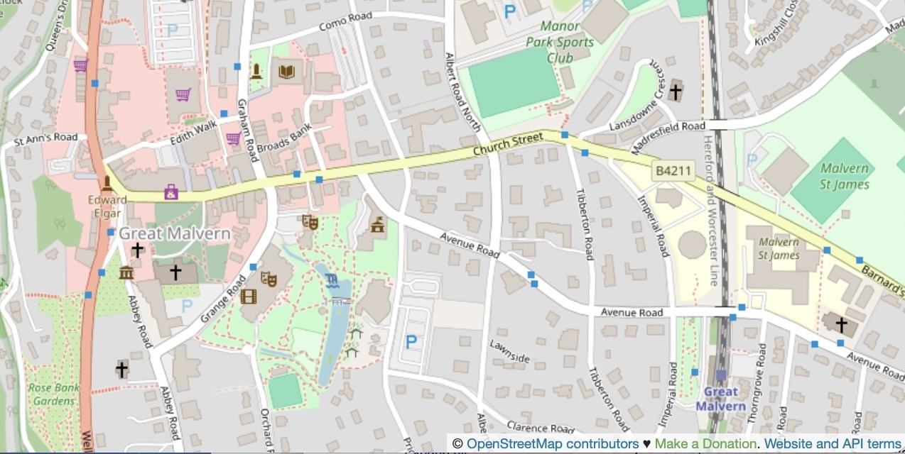 Street map of the area of Great Malvern within the town of Malvern, UK