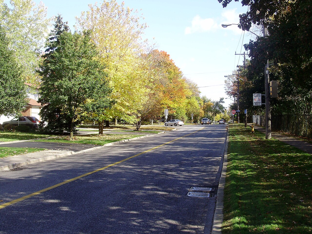 Looking east down Guildwood Parkway at Navarre Crescent in the Guildwood neighbourhood of Scarborough, Ontario, Canada.