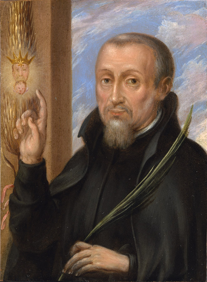 Fr Henry Garnet, he's pointing at the bloodstained straw husk saved from the scene of his execution and said to bear his (Garnet's) image .