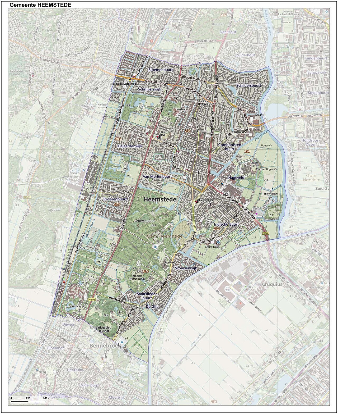 Topografische gemeentekaart. Resolutie: 400 pixels/km.
Kaartbeeld samengesteld uit de open geodata van de Top10NL en Top25namen (Kadaster), Creative Commons-BY licentie. Gebouwvlakken uit open geodata BAG extract. Wegen uit de OpenStreetMap, OpenStreetMap community. Reliëfschaduw uit de Actuele Hoogtekaart AHN2.
Samenstelling en kleurenschema: Jan-Willem van Aalst, met QGIS. Zie ook de Legenda.
