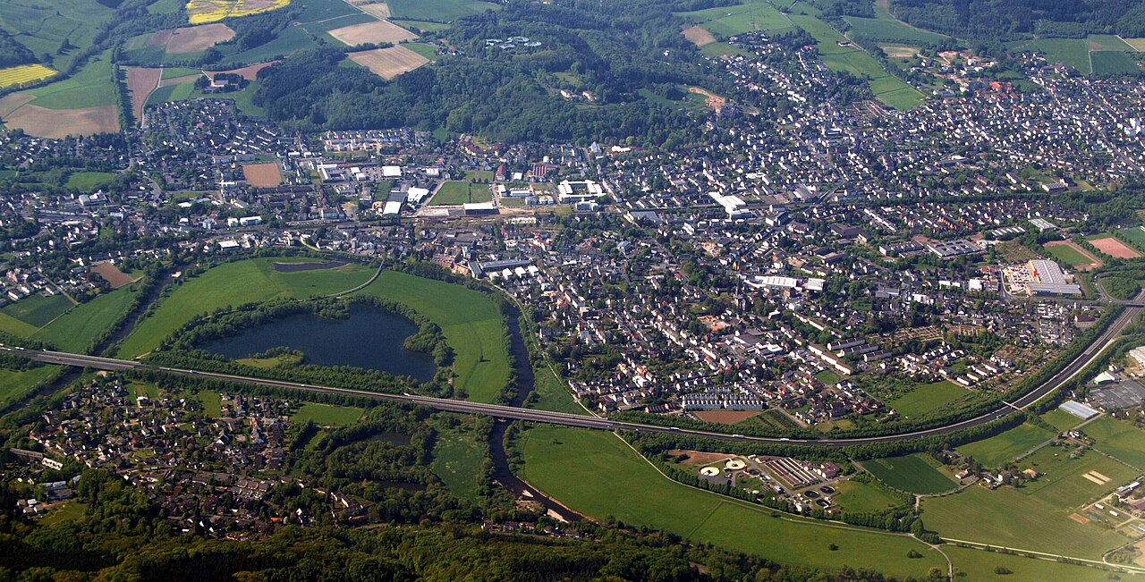 Aerial view of Hennef, Germany, in the foreground are river Sieg and Bundesautobahn 560.