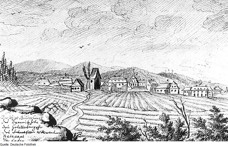 Original image description from the Deutsche FotothekHerrnhut. Ortsansicht mit Windmühle, Zeichnung von Johann Gottfried Schultz, 27.8.1765 (Görlitz, Graph. Kabinett, Skizzenhefte)