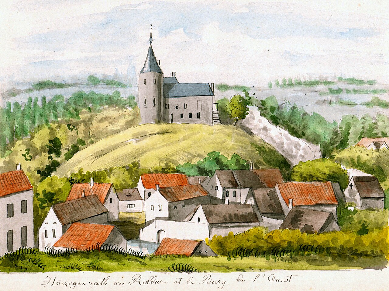Ingekleurde tekening van Philippe van Gulpen van het kasteel en dorp Herzogenrath. Bijschrift: Herzogenrath ou Rolduc et le Burg de l’Quest. Collectie Van der Noordaa in het RHCL, Maastricht, CVDN 240.