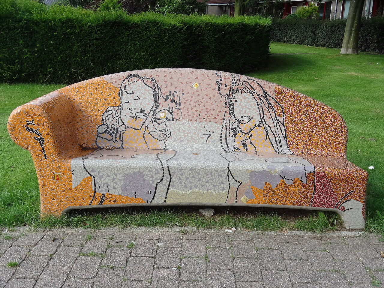 Mosaic bench 'Social Sofa' created by Sjer Jacobs (developed by comedian Karin Bruers and produced by the company Social Sofa) at the Sportlaan in Hoogland, The Netherlands (nowadays placed at the Hamseweg)