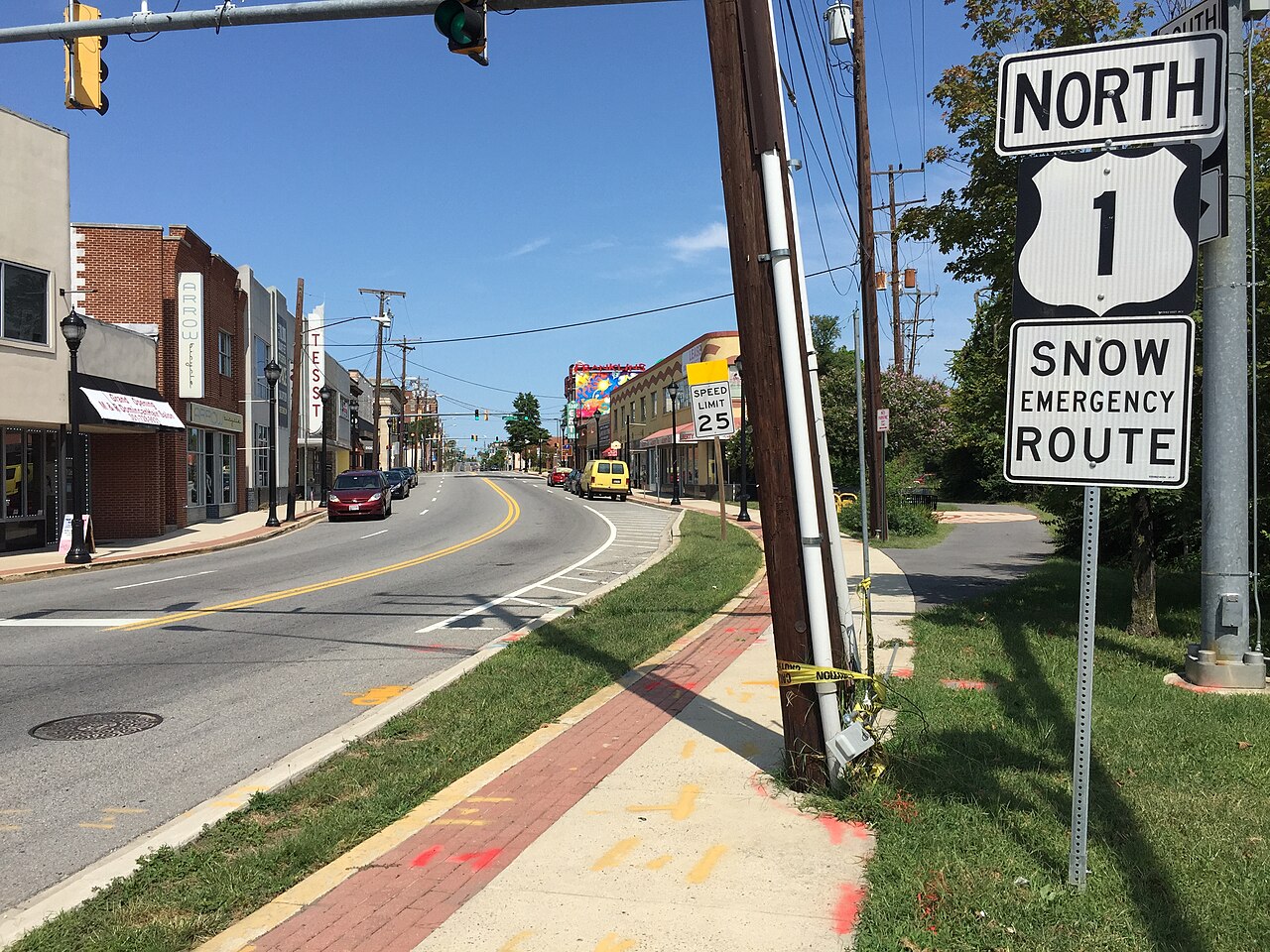 View north along U.S. Route 1 (Baltimore Avenue) at Farragut Street in Hyattsville, Prince Georges County, Maryland