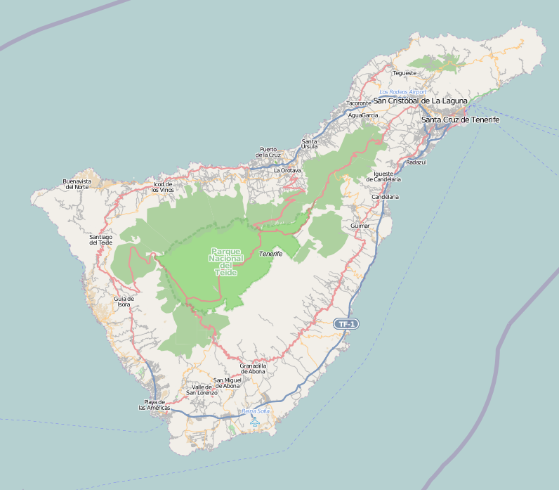 Map of Tenerife
Geographic limits of the map:

N: 28.623°
S: 27.951
W: -16.971°
E: -16.1°

 This file is licensed under the Creative Commons Attribution-Share Alike 2.0 Generic license.
You are free:
to share – to copy, distribute and transmit the work
to remix – to adapt the work
Under the following conditions:
attribution – You must give appropriate credit, provide a link to the license, and indicate if changes were made. You may do so in any reasonable manner, but not in any way that suggests the licensor endorses you or your use.
share alike – If you remix, transform, or build upon the material, you must distribute your contributions under the same or compatible license as the original.https://creativecommons.org/licenses/by-sa/2.0CC BY-SA 2.0 Creative Commons Attribution-Share Alike 2.0 truetrue