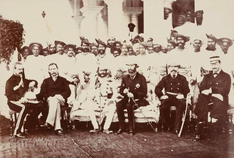 HH The Maharaja Sir Jayaji Rao Scindia of Gwalior, General Sir Henry Daly (Founder of The Daly College, Indore), with British officers and Maratha nobility in Indore, Holkar State, Cental India. Circa 1879. 
Taken From - 

www.facebook.com/TheRoyalMarathas