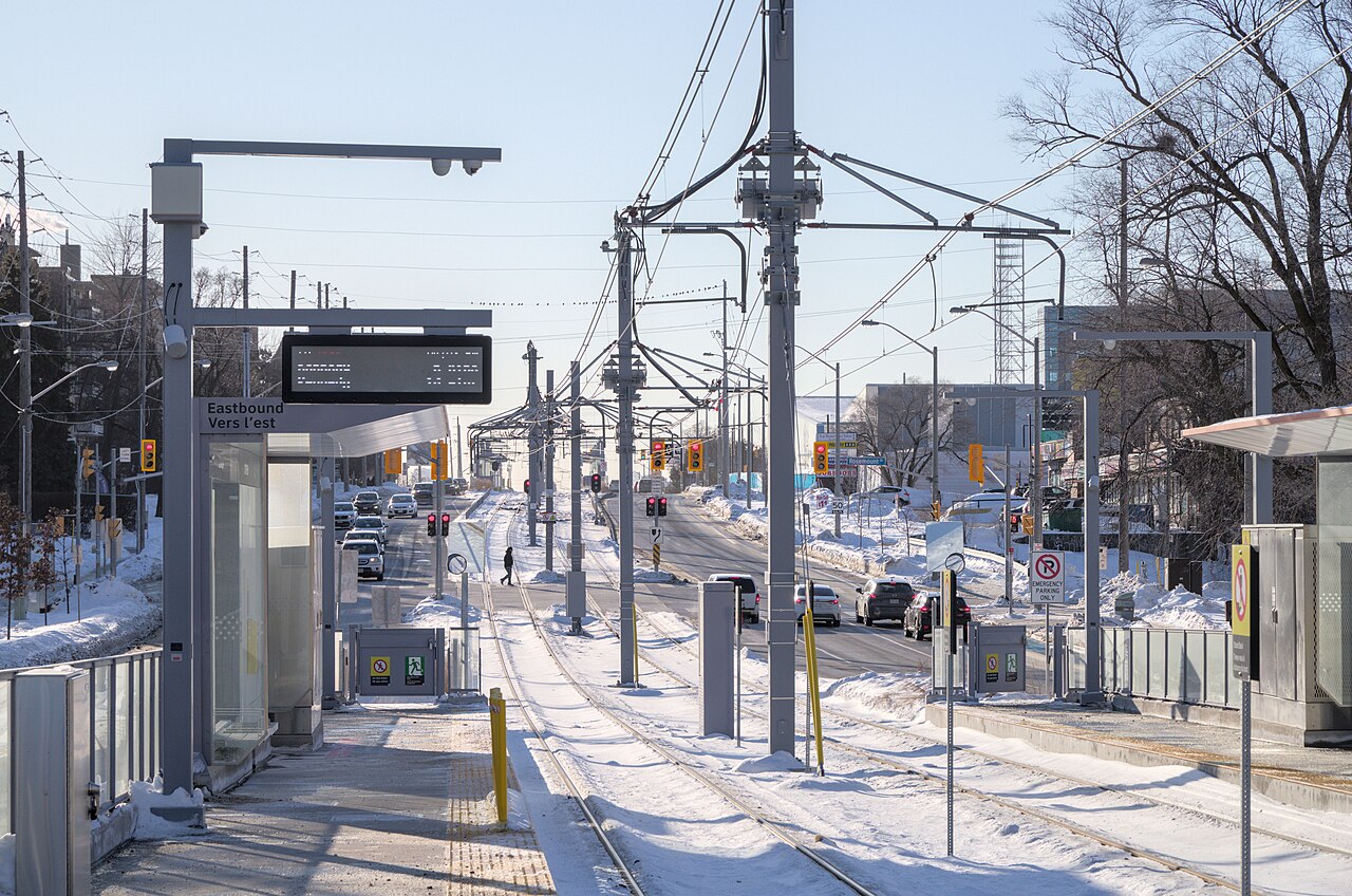 This picture shows a view of the eastbound Ionview station platform towards the west. Light rail vehicles that serve this platform terminal at Kennedy station. The picture was captured on the first day of Line 5 Eglinton Crosstown's phased opening on Sunday, 8 February, 2026.