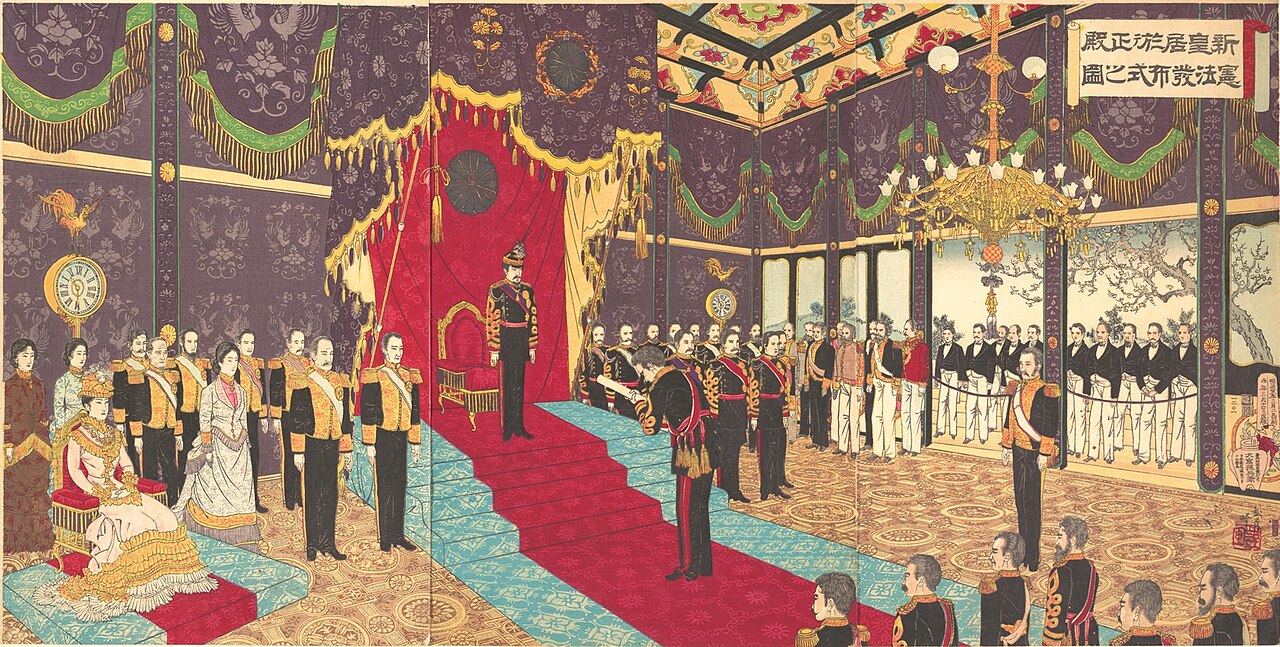 A Japanese ukiyo-e triptych of the issuing of the Meiji Constitution in 1889.