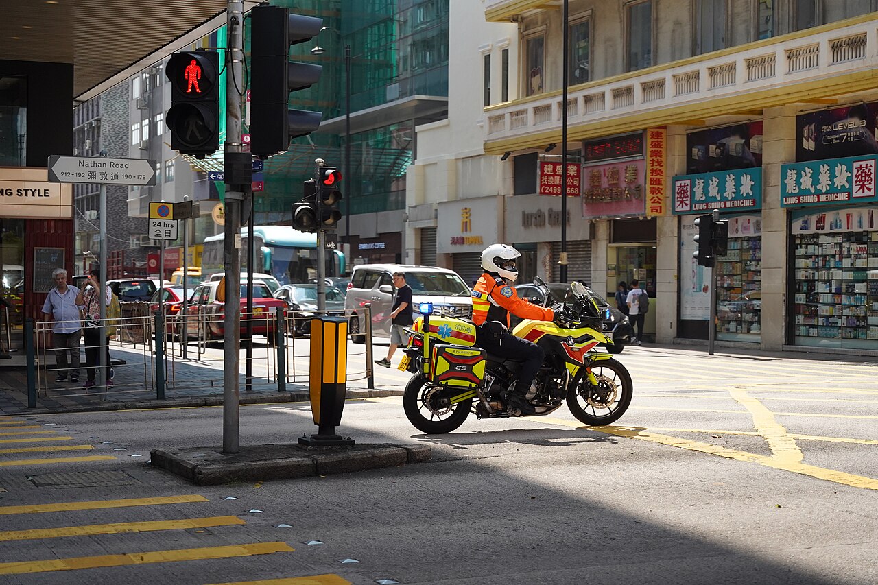 Motorcycle paramedic on Nathan Road in Jordan, Hong Kong.