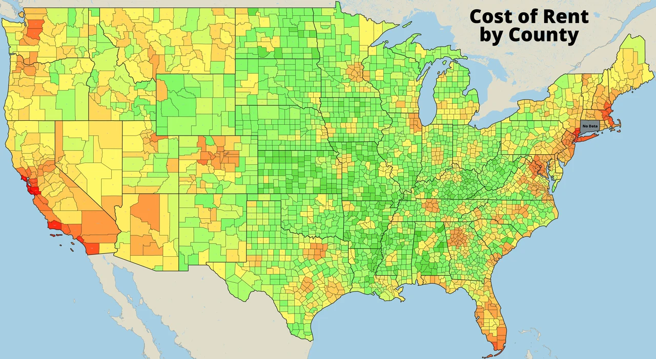 Cost of rent by County in the United States.  Map shows the County name and median cost of rent in the County for a 1 bedroom apartment. Data is from 08/22/2025