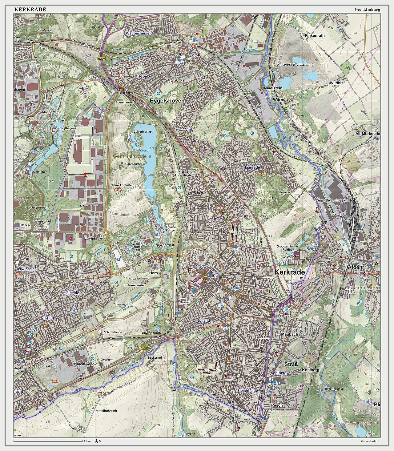 Topografische kaart van Kerkrade (woonplaats). Resolutie: 300 pixels/km.
Kaartbeeld samengesteld uit de open geodata van de Top10NL en Top25namen (Basisregistratie Topografie, Kadaster), Creative Commons BY licentie. Gebouwvlakken uit open geodata BAG extract. Wegen uit de OpenStreetMap. Reliëfschaduw uit de Actuele Hoogtekaart AHN2.

Samenstelling en kleurenschema: Jan-Willem van Aalst, met QGIS2. Zie ook de Legenda.