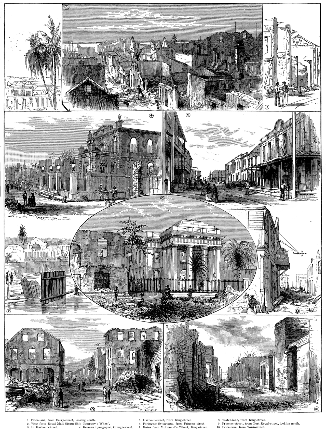 The ruins of the 1882 fire that swept through the lower half of Kingston, Jamaica.
The pictures are numbered, but they're numbered slightly oddly, so the following description also gives the location of each picture, as well as a little extra information for those not viewing at full size.
Top row: Left (2), the view from the Royal Mail Steam-Ship Company's Wharf. Centre (1), Peter-lane, from Barry-street, looking south. Right (3), In Harbour Street.
Second Row: Left (4), German Synagoue, Orange-street. Note the lack of roof. Right (5), Harbour-street from King-street.
Third row: Left (7), Ruins from McDonald's Wharf, King-street. Centre (6), Portuguese Synagogue, from Princess-street. Take a close look, especially at the left side, near the burned tree: The whole back of it is destroyed. Right (8), Water-lane, from King-street. The sign on the left building advertises Christmas Cards and Toys, in the somewhat blunt Victorian fashion.
Bottom Row: Left (9), Princess-street, from Port Royal-street, looking north. Note the sky visible through the windows. Right (10), Peter-lane, from Town-street.
To allow this to be printed, the image file must be somewhat large. See links for this image shrunk to dimensions chosen for ease of computer viewing.