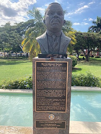 A bust of Marcus Garvey in Emancipation Park