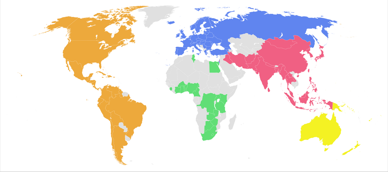 Map of the members of the WBSC according to their confederation:
WBSC Africa in Africa
WBSC Americas in the Americas
WBSC Asia in Asia
WBSC Europe in Europe
WBSC Oceania in Oceania