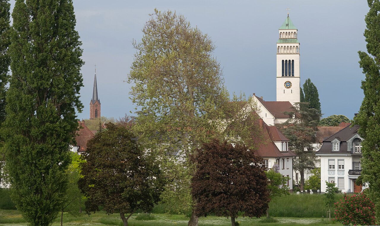 Kehl, two churches (the Sankt-Nepomukkirche and the Friedenskirche) from the bridge (Brücke der Zwei Ufer)