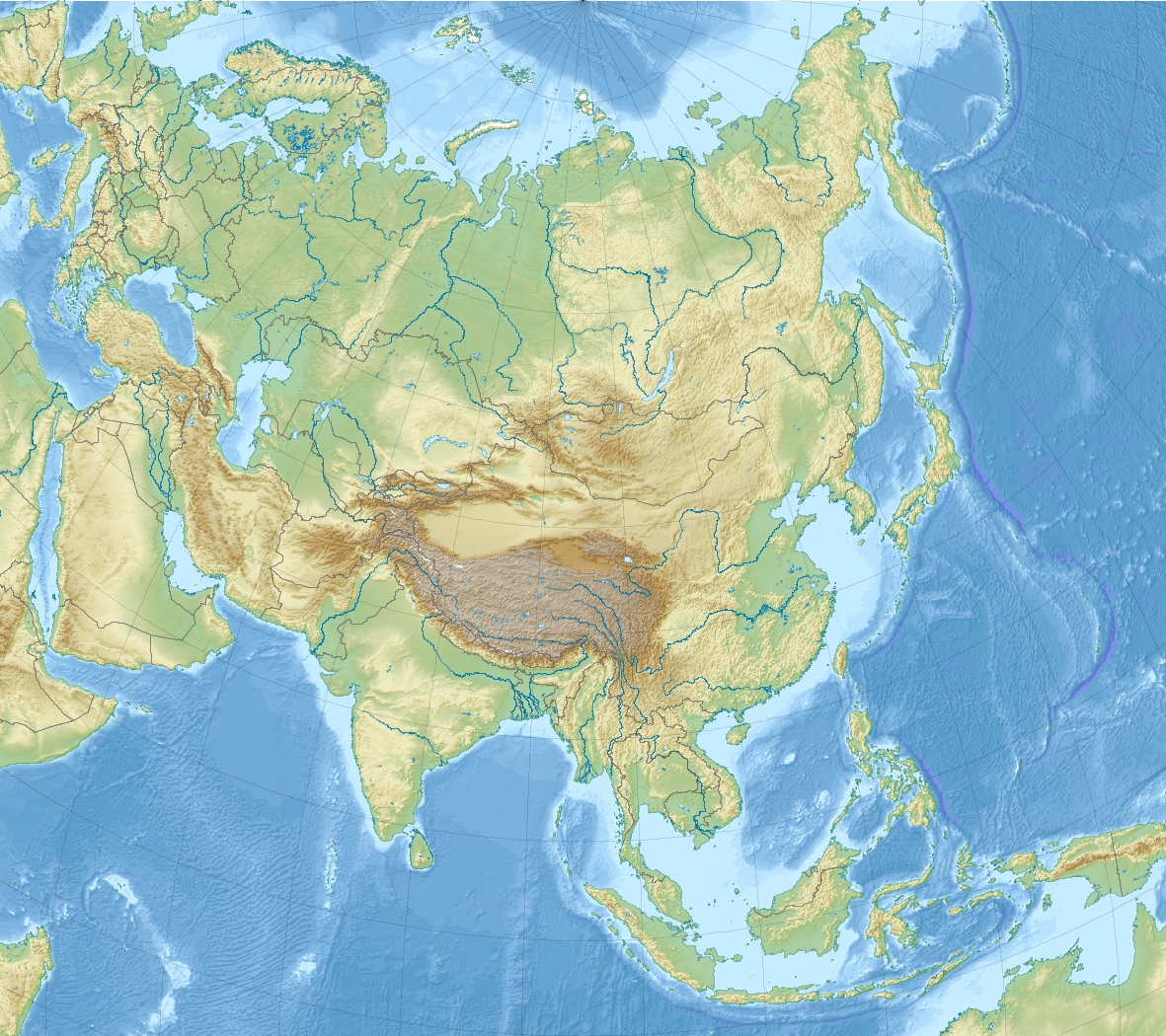 Relief Location map of Asia.
Projection: Lambert azimuthal equal-area projection.
Area of interest:
N: 90.0° N
S: -10.0° N
W: 45.0° E
E: 145.0° E
Projection center:
NS: 40.0° N
WE: 95.0° E
GMT projection: -JA95/50/20.0c
GMT region: -R45.70461034279053/-25.193892806246794/-158.9850042825966/36.990936559512505r
GMT region for grdcut: -R-20.0/-26.0/205.0/90.0r
Relief: SRTM30plus.
Made with Natural Earth. Free vector and raster map data @ naturalearthdata.com.