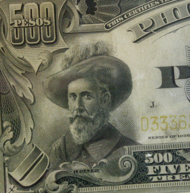 Legazpi in 500 peso banknote, year 1906