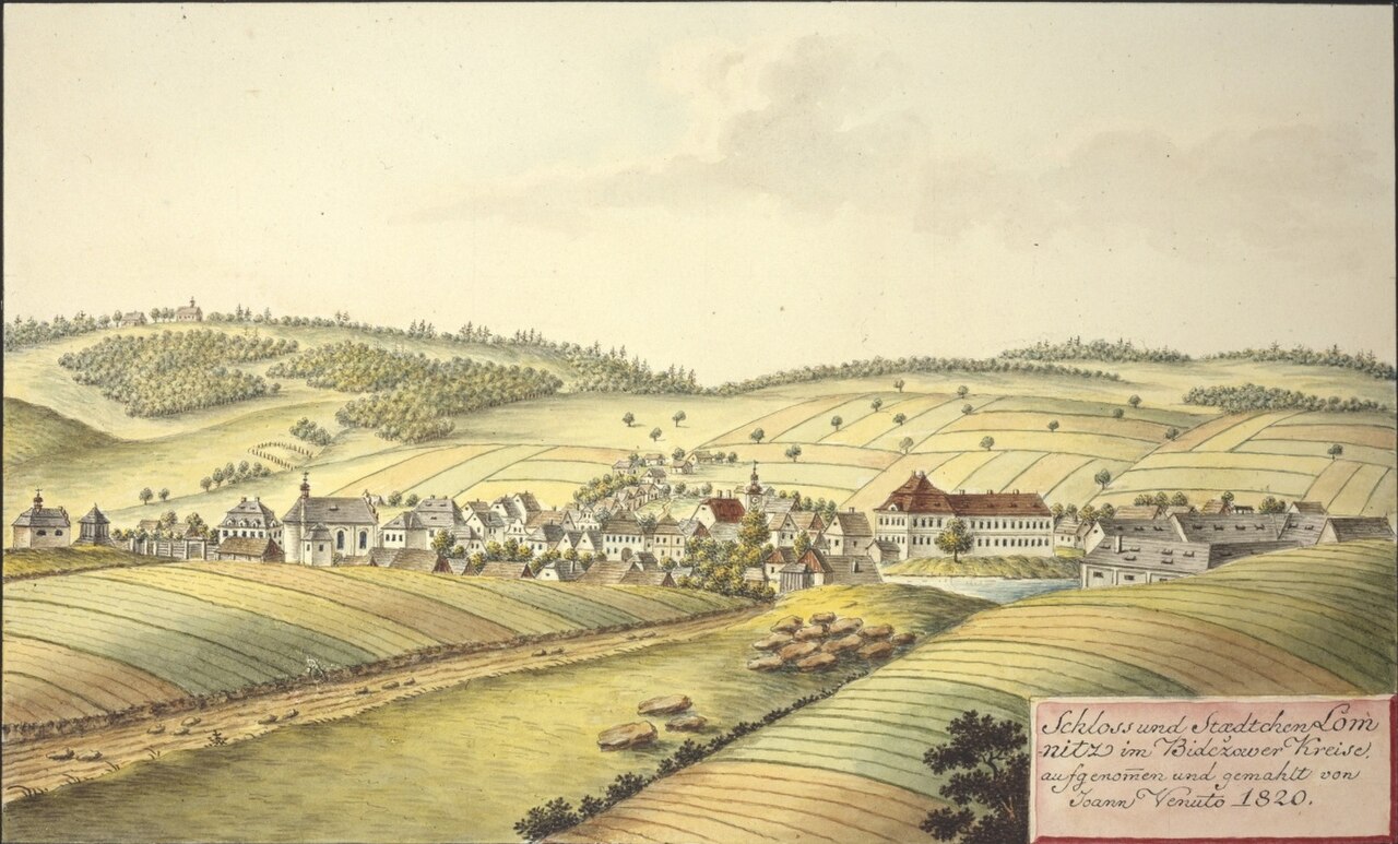 Lomnice nad Popelkou. Schloss und Staedtchen Lomnitz im Bidczower Kreise. Aufgenommen und gemahlt von Joann Venuto 1820
