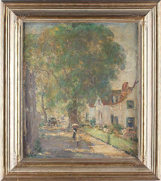 oil on canvas, signed at lower left "Adele Williams," retaining an old paper label on the verso which reads "Street in Provincetown / Adele Williams / 1009 West Avenue," housed in the original hand-carved walnut frame with muted and toned gold leaf and paint decoration.SS 20.5 x 17.75 in.; DOA 28 x 24.75 in. The youngest of five children, Adele Williams' artistic talents were nurtured at an early age by both her parents and siblings. Following an ambitious schooling for females of the period, Williams began to focus on her painting. She completed her first commission at the age of 19; a portrait of the great late Richmond business leader, Bolling Walker Haxall. Portraiture proved to be lucrative and this was only the first of many portraits she completed, including a pair of portraits of Mr. and Mrs. Woodrow Wilson after his appointment as Princeton University President. Not only was Williams an accomplished portraitist, she was even more admired for her style of American Impressionism. She honed her skills under the finest painters and greatest academies of the day. After public schooling, Adele enrolled in the Woman's Art School at Cooper Union in New York City, attended classes at the Art Students League, studied under Rhoda Holmes Nichols, and then, like many aspiring artists, traveled to Paris where she studied at the Académie Julian. While in Paris, Williams embraced the camaraderie of artists and emulated the great Impressionist masters she had admired at the 1886 New York exhibit. Training at the Académie Julian proved to be a bit on the more formal, academic side with William Adolphe Bougeureau and Gabriel Ferrier as the two primary instructors. Nevertheless, Williams developed her own hand and, along with friends, hunkered down in the myriad of museums and traveled the Continental countryside painting as they went. Upon her return to the States in 1894, Adele Williams continued exhibiting her own works, as well as organizing exhibits of prominent American artists mounted by the Richmond Art Club. She played a prominent role in founding the art club and Richmond's art scene in the early twentieth century is much indebted to Williams and her tireless efforts to bring the fine work of artists like Edmund Tarbell, Childe Hassam, Ernest Lawson, Arthur B. Davies, and Elliott Daingerfield for public viewing. During her lifetime, Williams exhibited in all the great venues for artists including the American Water Color Society in New York, the Pennsylvania Academy of Fine Arts in Philadelphia, the New York Water Color Club (founded alongside Childe Hassam), the Boston Art Club, the National Academy of Design, the Art Institute of Chicago, and the American Water Color Society. Adele Williams made the trek up to the great art colony in Old Lyme, Connecticut where she was first introduced to Childe Hassam. It was in Old Lyme that Williams fully developed her Impressionist technique. All the artists, many of whom like Williams spent time at the Académie Julian, were encouraged to paint en plein air and the convivial atmosphere contributed to a burgeoning school of uniquely American fine art. Discontent to remain in one place too long, Williams traveled throughout her life, usually with a brush in her hand and an easel by her side. One place, however, remained foremost in her heart and served her well throughout her career: Richmond. Adele Williams Art Dame of Richmond Sources: Bayliss, Mary Lynn. "Exhibitions of Talents Adele Williams and the Richmond Art Scene." Virginia Cavalcade. 41.4 (1992) 166-176. Bayliss, Mary Lynn. "Exhibitions of Talents Adele Williams and the Richmond Art Scene." Virginia Cavalcade. 42.1 (1992). 36-46. Colt, Thomas C. Jr. Adele Williams. Virginia Arts Series No. 10. Virginia Museum of Fine Arts. October 1-15, 1940. "The Historic Bolling Haxall House". 2006. The Woman's Club of Richmond, Virginia. 10 November 2006. "Sunlight &amp; Shadow: American Impressionism, 1885-1945." 2000. Ella Sharpe Museum. 26 October 2006. Unknown Photographer. "Boating party of Old Lyme artists, circa 1903." Lyme Historic Society. Childe Hassam: American Impressionist. By Ulrich W. Hiesinger. Munich: Prestel, 1999. Figure 135.By family descent to the artist's niece.