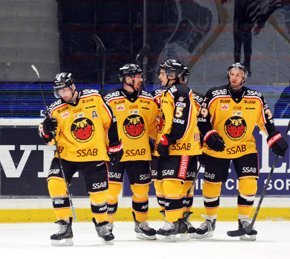 Players of Luleå HF celebrating in a Swedish Elite League ice hockey game against AIK inside Hovet. Luleå HF won, 3-2 following a penalty shootout.