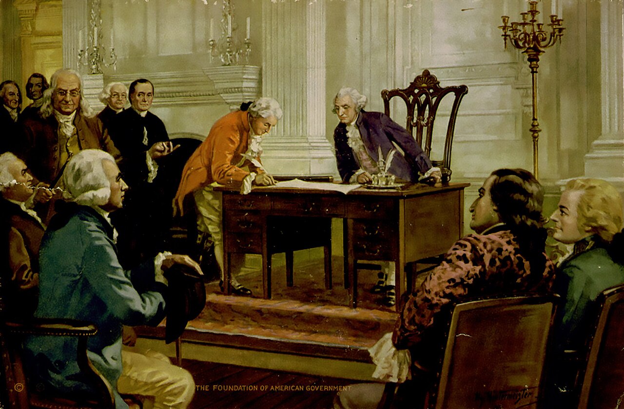 Foundation of the American Government by John Henry Hintermeister.[1] Published by the Osborne company, Newark, N.J. From the painting's copyright description: "Signing of the Constitution. At desk sits Washington watching Gouverneur Morris sign; behind Morris are Roger Sherman, Franklin, Robert Morris, Madison and others, and at right Hamilton and Randolf." Another copyright registration caption for the Osborne print: "Foundation of American government. Committee signing the Constitution, with Washington presiding and Gov. Morris signing papers."
