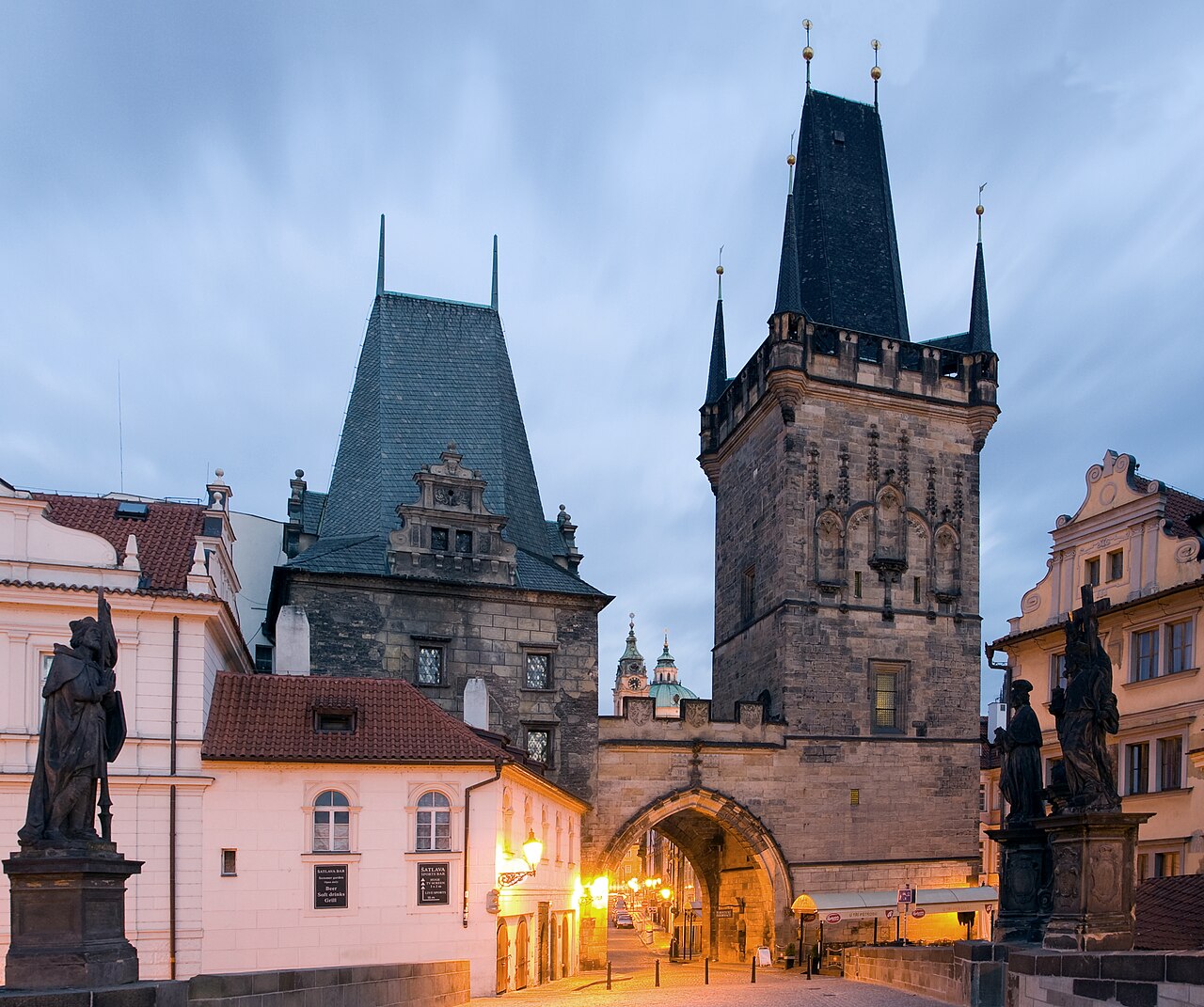 A view of the bridge tower at the end of the Charles Bridge on the side of Malá Strana in Prague, Czech Republic.