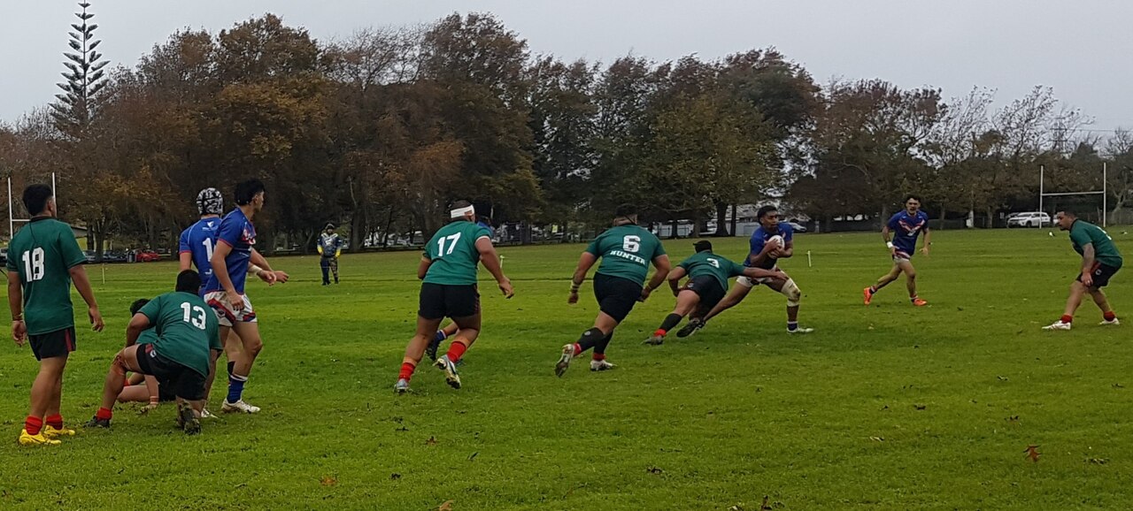 Mangere v Te Atatu rugby league teams on May 20, 2023. Ihaka Brown about to break through to score for Te Atatu in their 36-12 win.