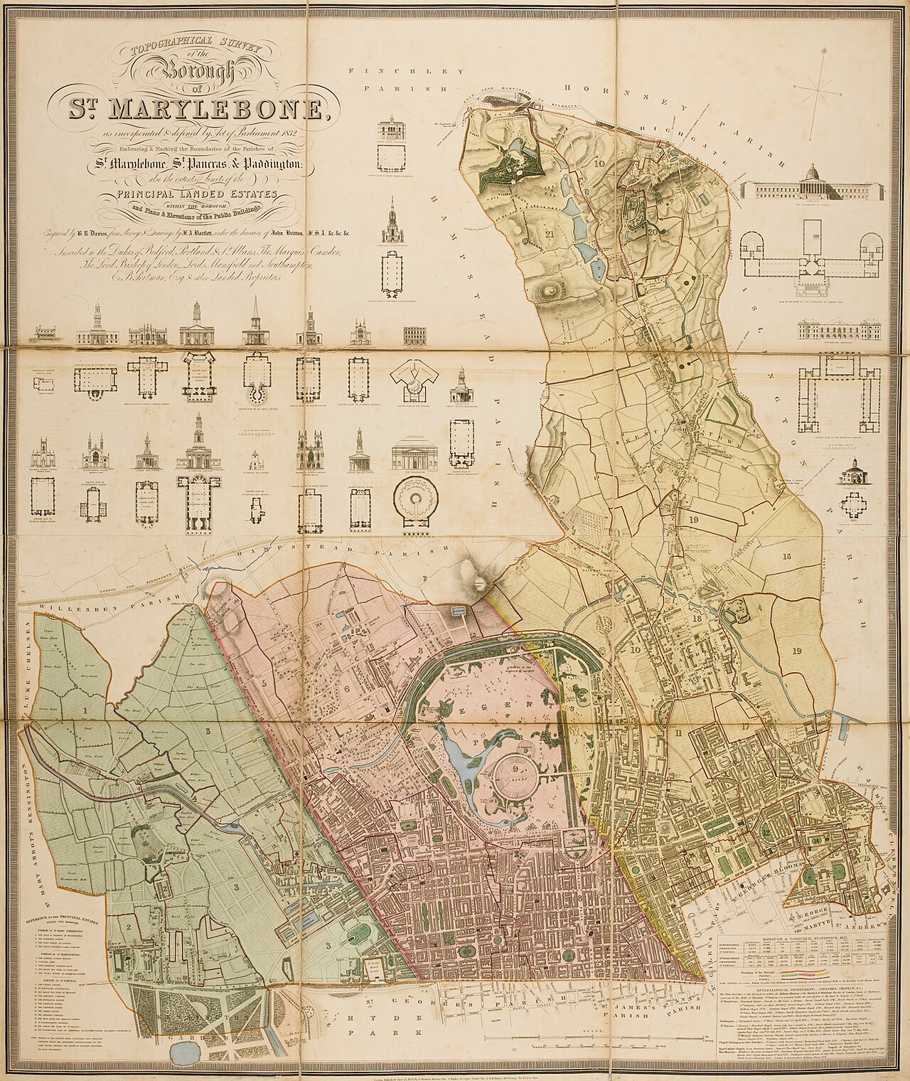 Topographical survey of the borough of St. Marylebone, as incorporated by Act of Parliament 1832, embracing and marking the boundaries of the parishes St. Marylebone, St. Pancras and Paddington. The plan was engraved by B.R. Davies, blank spaces filled with plans and elevations of 20 important buildings, 1145 x 950mm, dated 1834.