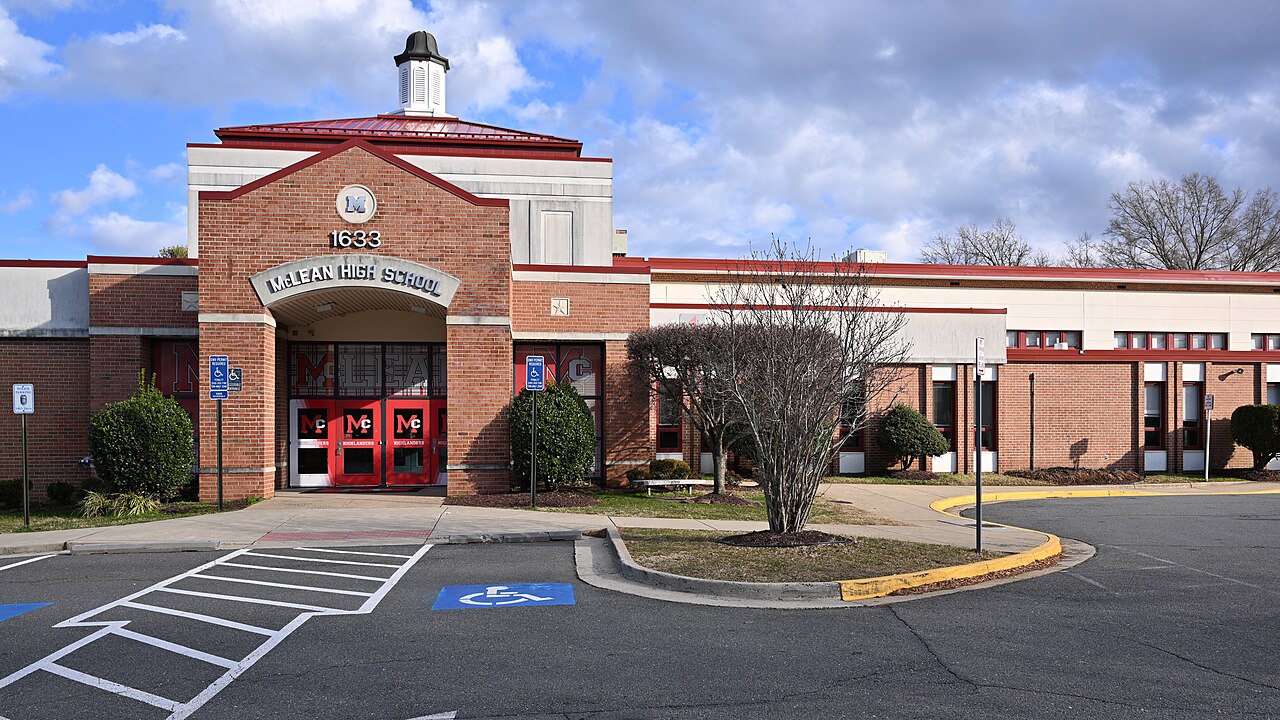 The front entrance for McLean High School, part of Fairfax County Public Schools. 1633 Davidson Road McLean, Virginia 22101.