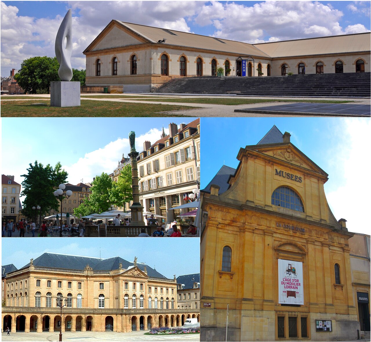 Clockwise from top:
- The w:Arsenal de Metz
- The w:Museums of Metz
- The w:Opéra-Théâtre de Metz Métropole

- The Saint-Jacques Square