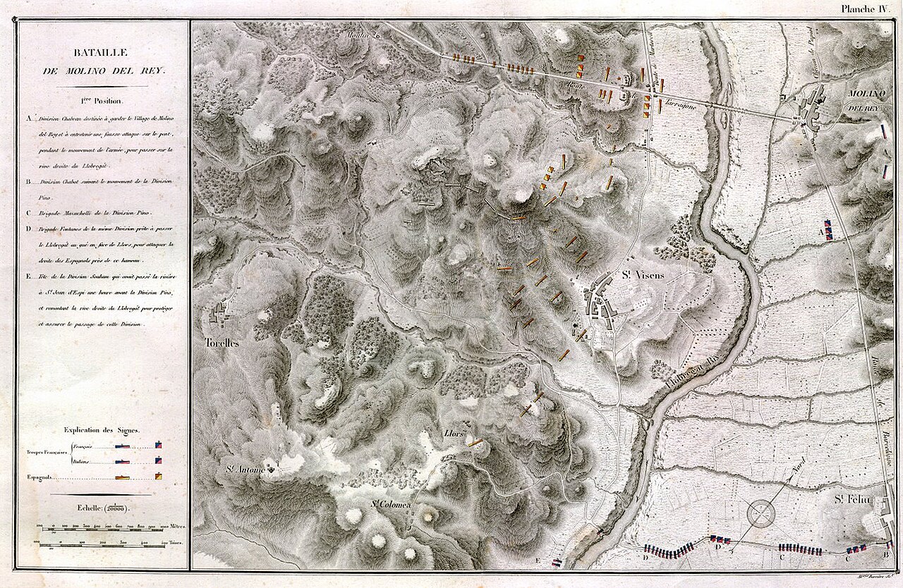 Map showing the positions before the battle of Molins de Rei, at December 21, 1808, during the Spanish War of Independence.